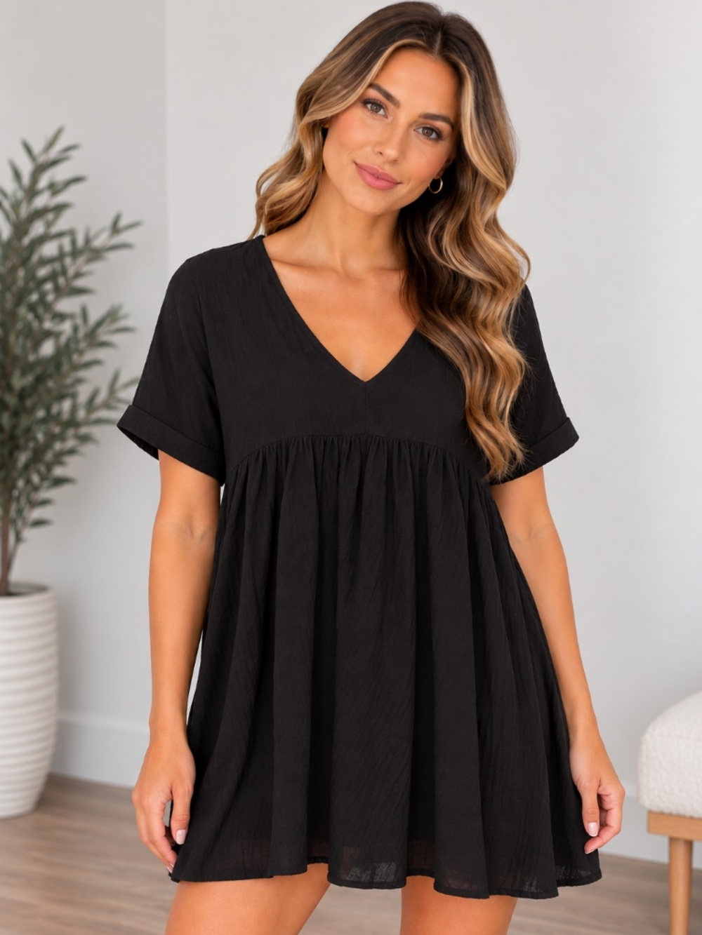 Yibock Women’s Black V-Neck Ruffle Babydoll Dress, size Medium